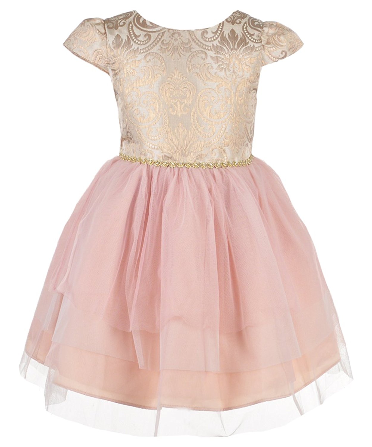 Vestido con top dorado y falda en tul rosa