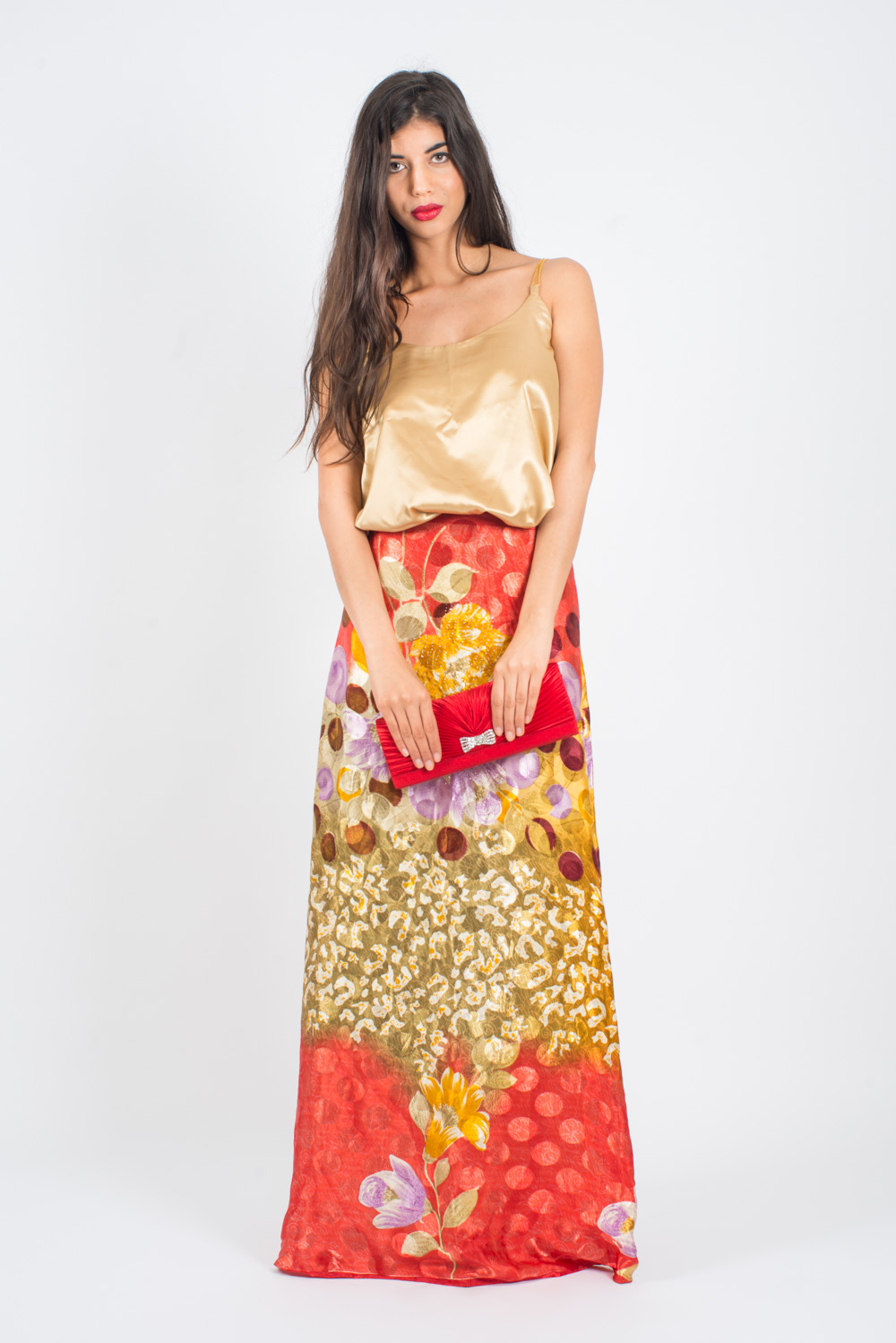 Pollera larga en seda estampada