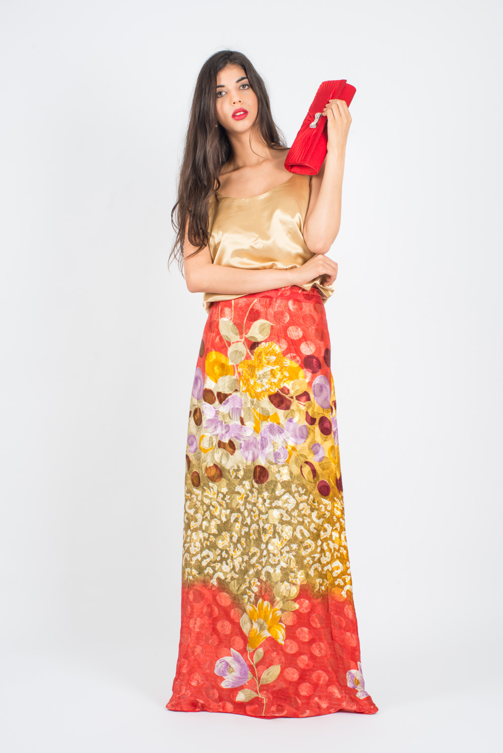 Pollera larga en seda estampada