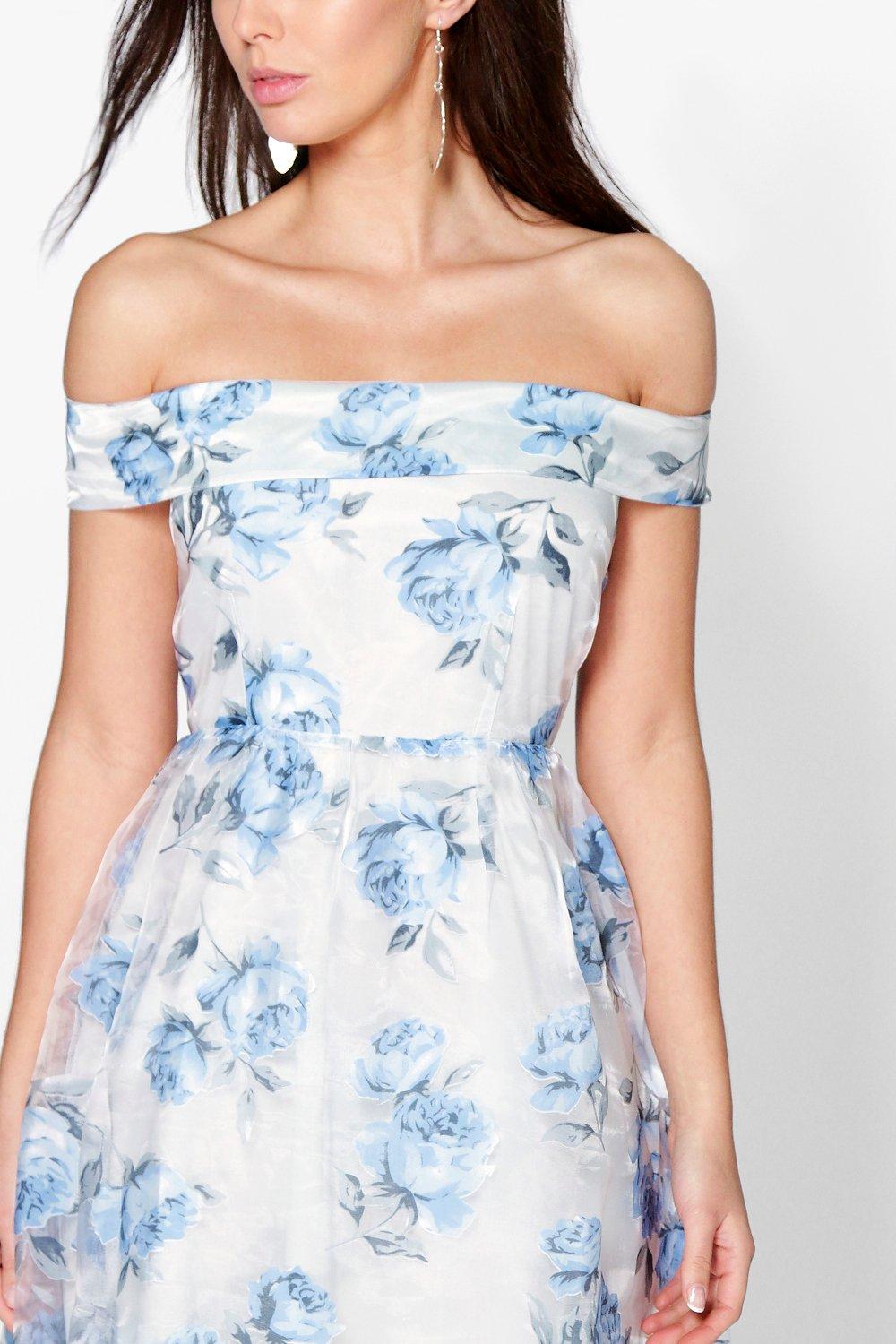 Vestido off the shoulder en tul estampado