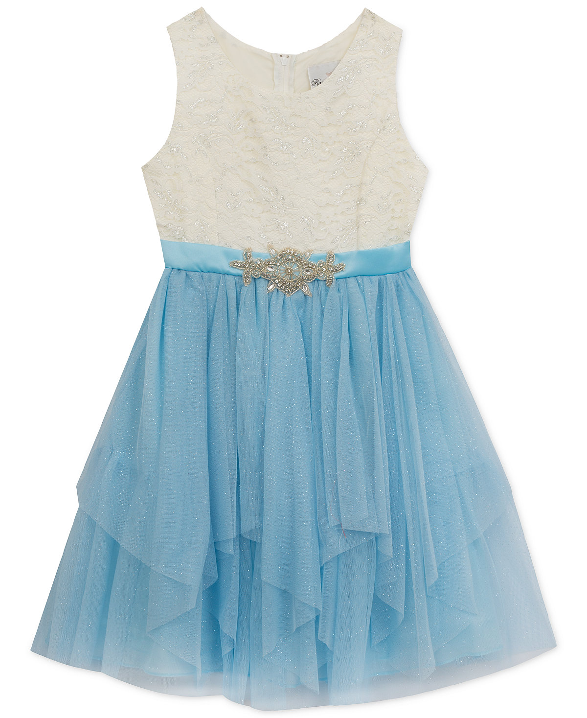 Vestido con top de encaje y falda en tul celeste