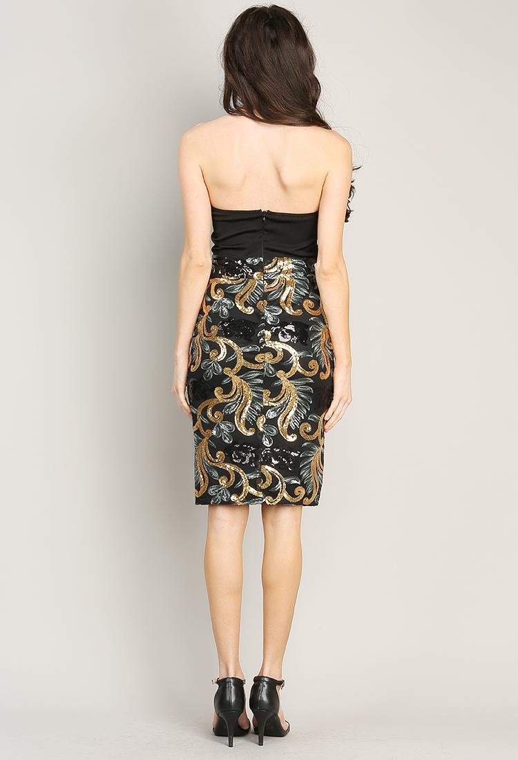 Vestido strapless con lentejuelas en falda