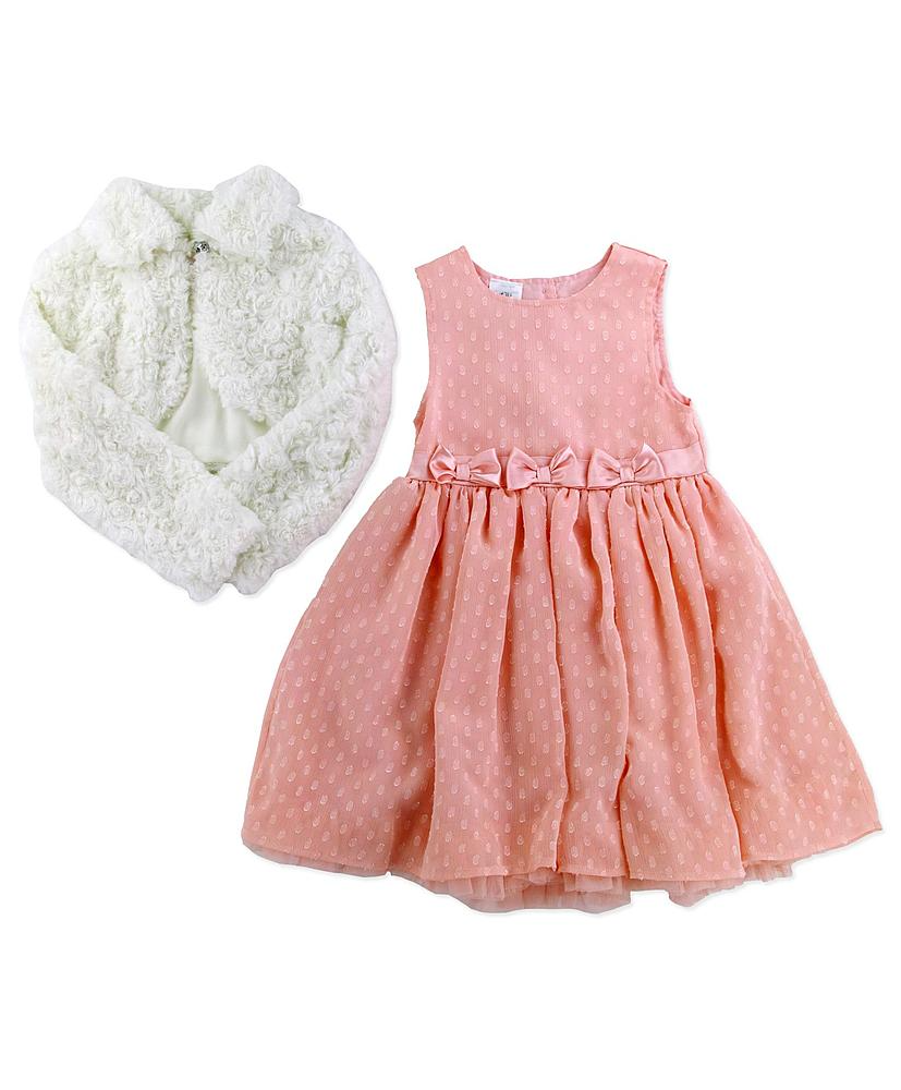 Conjunto de vestido en gasa rosa con moñas y torera de piel