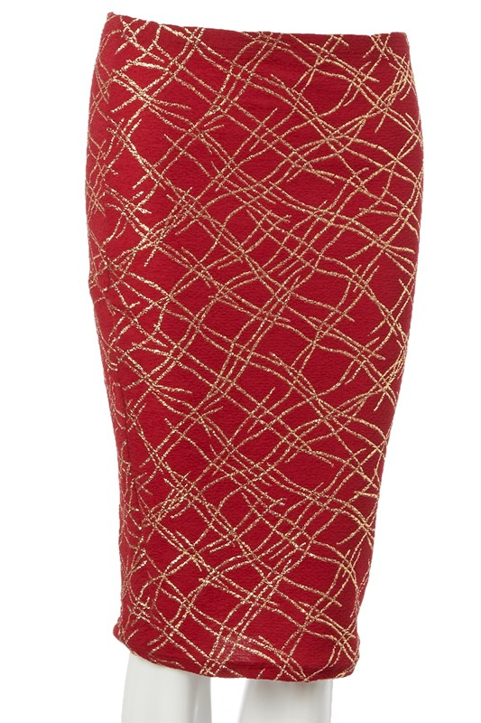 Pollera roja con estampado dorado